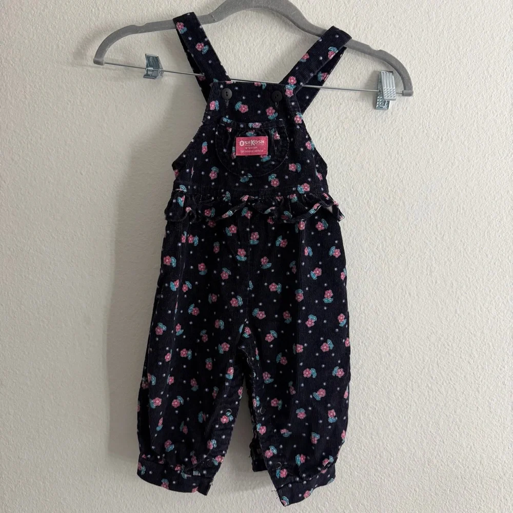 Vintage OshKosh B'gosh Toddler Corduroy Floral Print Button Snap Overalls 18M